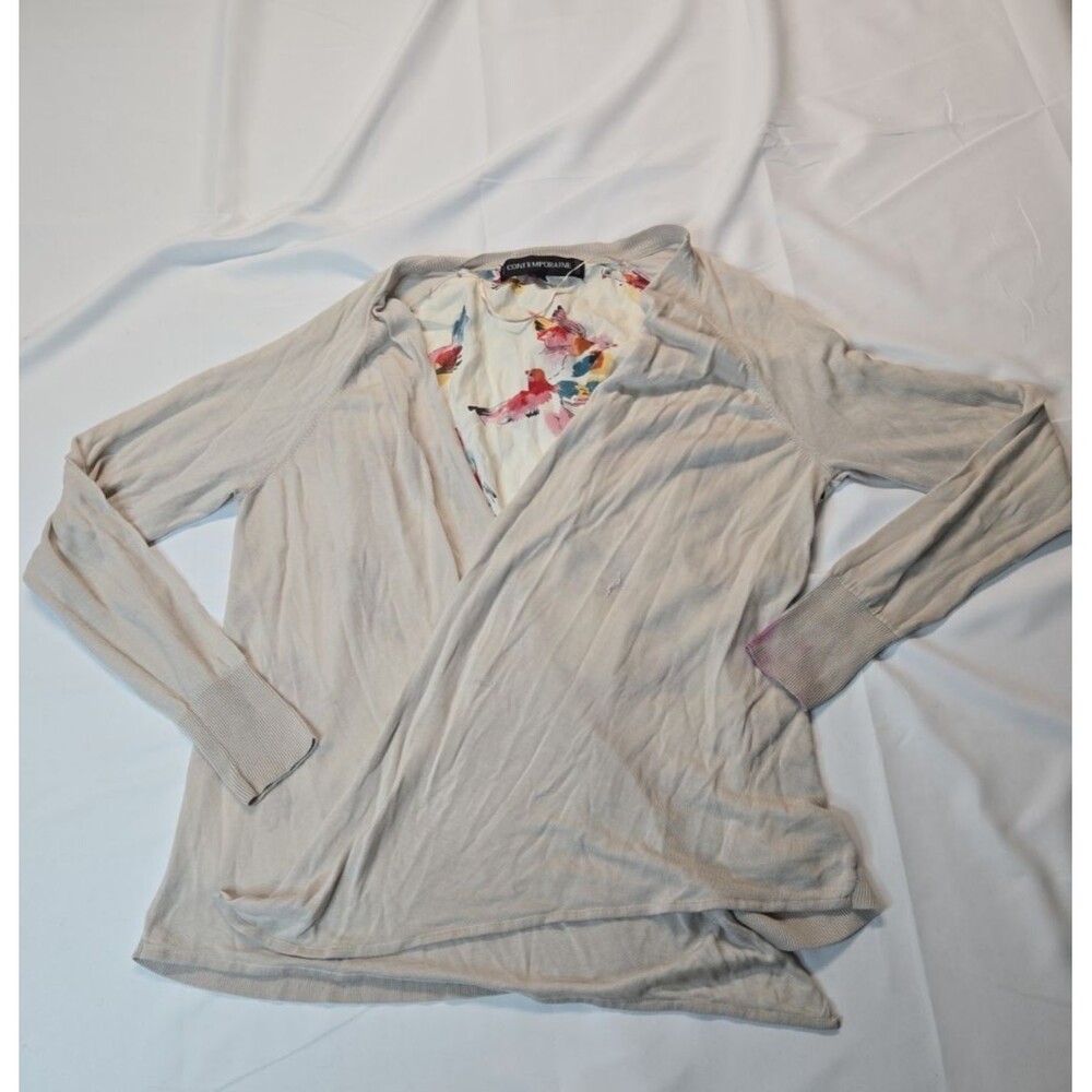 Bird of Paradise Print Knit Top for Women Open Front Cardigan M Tan Artsy Nature